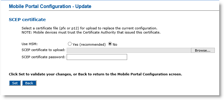 Mobile Portal Configuration - Update dialog box for the SCEP certificate with Use HSM option set to No where you can upload the SCEP certificate and enter its password